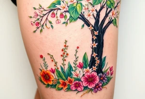 Lilly of the vally plants underneath a blooming hawthorn tree with other colorful lilly plants on ground tattoo idea