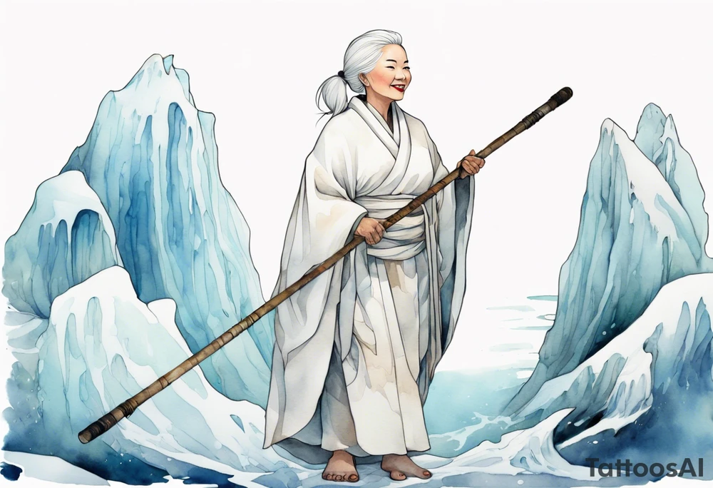 a 40 year old Inuit woman with white hair and a white robe holding a white bo staff, standing on an iceberg, smiling tattoo idea