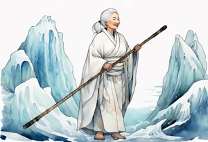 a 40 year old Inuit woman with white hair and a white robe holding a white bo staff, standing on an iceberg, smiling tattoo idea