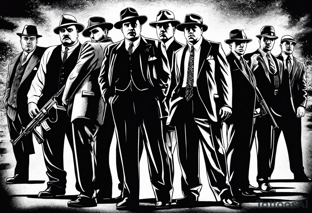 group of gangsters standing together including Al Capone, John Dillinger, Machine Gun Kelley, Bonnie and Clyde along with tommy guns tattoo idea