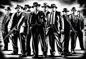 group of gangsters standing together including Al Capone, John Dillinger, Machine Gun Kelley, Bonnie and Clyde along with tommy guns tattoo idea