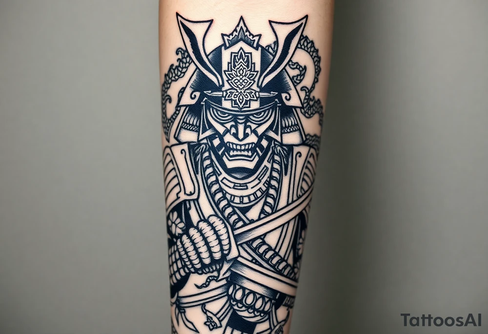Japanese samurai warrior with armor and katana sword, fierce expression, traditional helmet, Japanese dragon wrapped around, black and grey ink tattoo style, ornamental linework, sketch-style shading, designed for forearm tattoo with full sleeve expansion tattoo idea