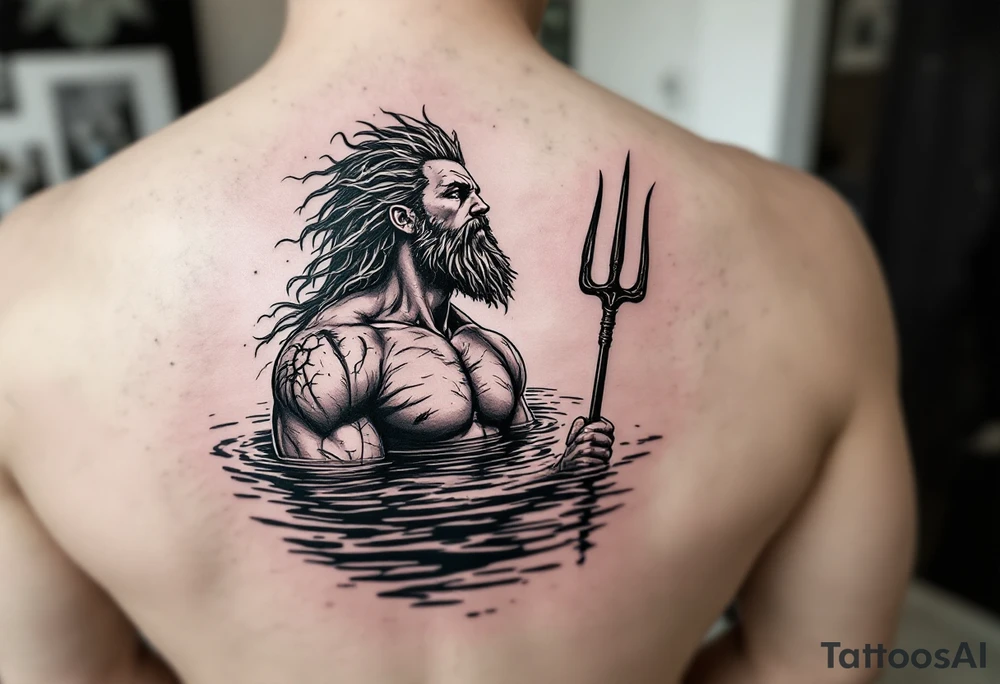 fit poseidon, with trident, in calm water, looking at the sky tattoo idea