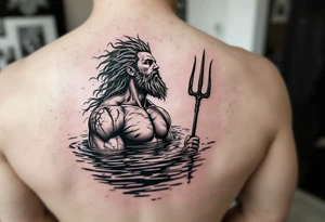 fit poseidon, with trident, in calm water, looking at the sky tattoo idea