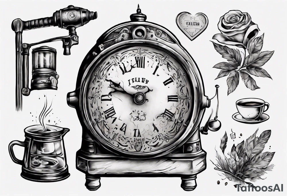 mounting landscape.
In a middle an antique clock at 9:44pm. across the tattoo a cinema film. game of poker 4 cards. a old walking stick and 
Italian Mokka coffee maker. tattoo idea