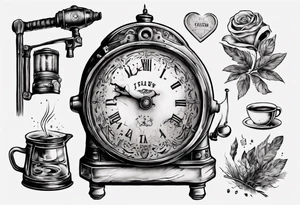 mounting landscape.
In a middle an antique clock at 9:44pm. across the tattoo a cinema film. game of poker 4 cards. a old walking stick and 
Italian Mokka coffee maker. tattoo idea