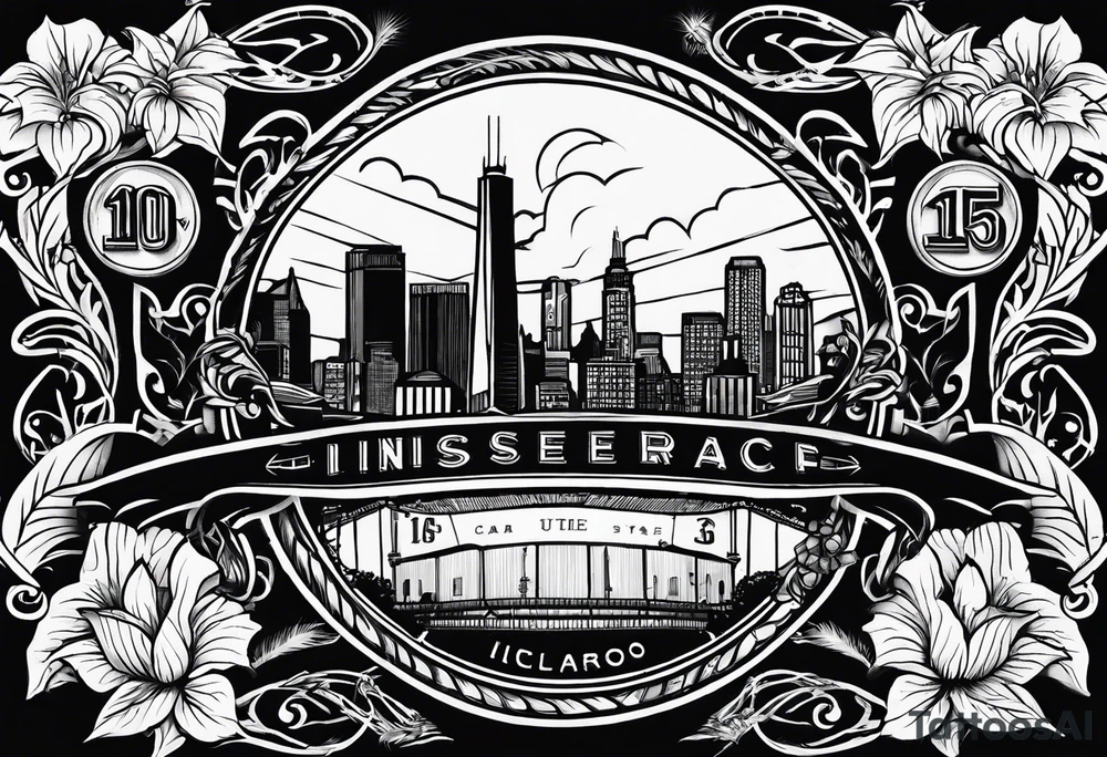 Bicep and shoulder tattoo with theme around the state of Illinois, cubs baseball, and bourbon tattoo idea