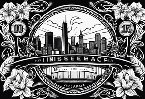 Bicep and shoulder tattoo with theme around the state of Illinois, cubs baseball, and bourbon tattoo idea