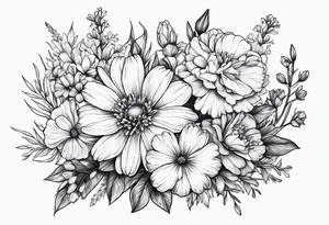 Small sketched bouquet of flowers larkspur carnation daisy primrose tattoo idea