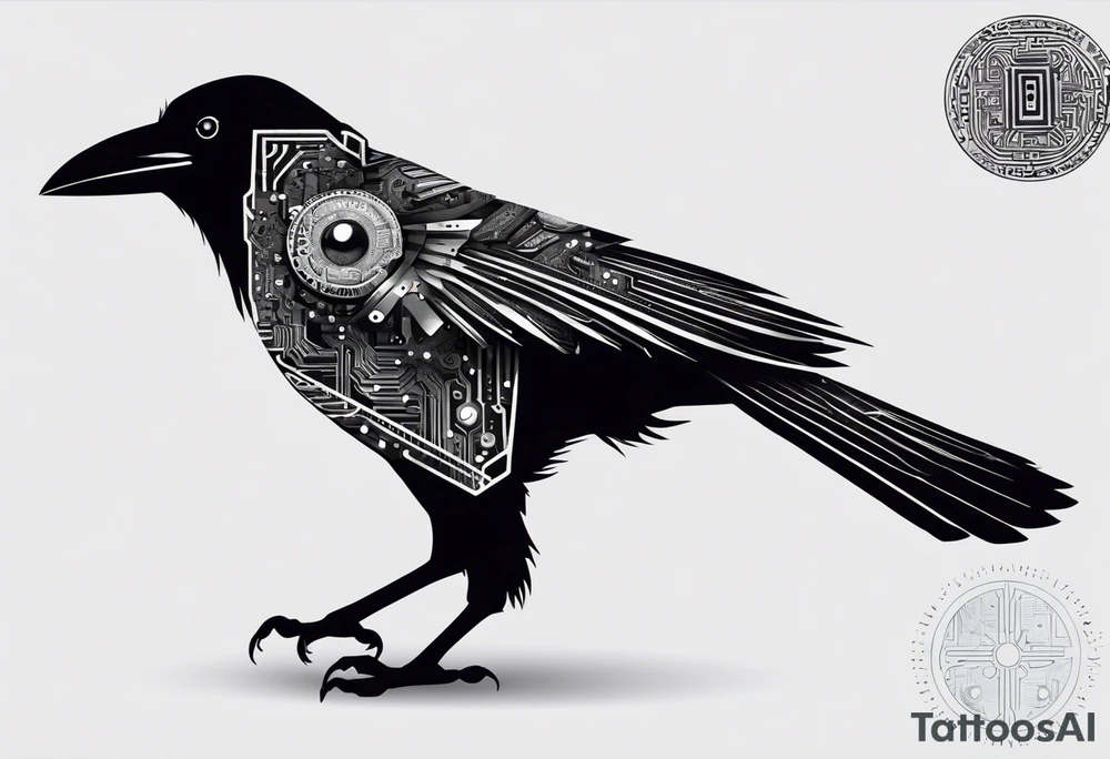 An epic-looking crow with intricate circuit boards and PCB designs running throughout its feathers. The crow's eye features a tiny CPU fitting perfectly in its pupil. The tattoo will be placed on the outer bicep, primarily in black ink with a small splash of color to make certain elements pop. tattoo idea