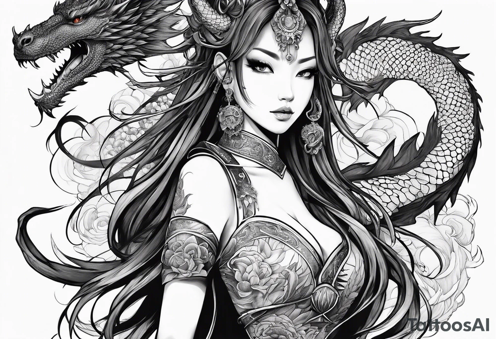 beautiful warrior nymph with dragon wings and a dragon friend tattoo idea