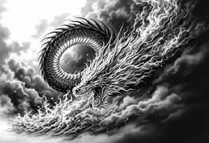 fierce dragon breathing iridescent fire against stormy skies tattoo idea