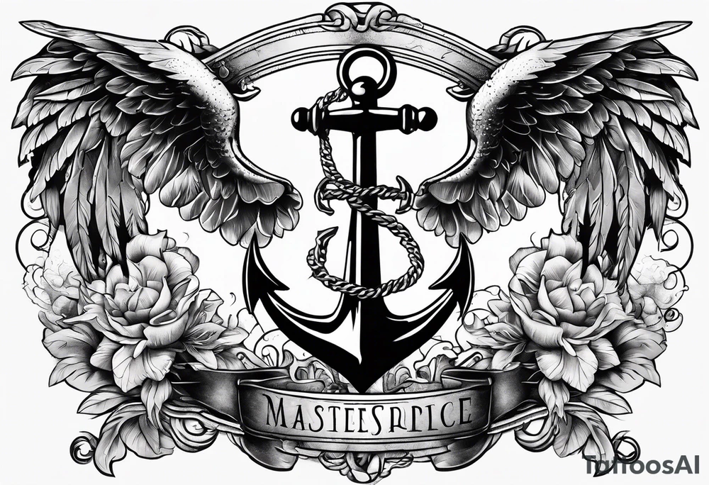 a ship anchor with an s through the anchor and angle wings on the left and right side tattoo idea
