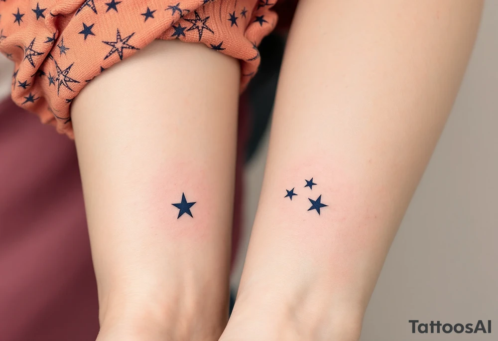 Matching man woman tattoo of nautical stars, the father’s in dark navy blue on the chest, the child’s smaller in light blue on the ankle. tattoo idea