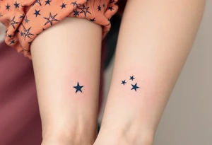 Matching man woman tattoo of nautical stars, the father’s in dark navy blue on the chest, the child’s smaller in light blue on the ankle. tattoo idea