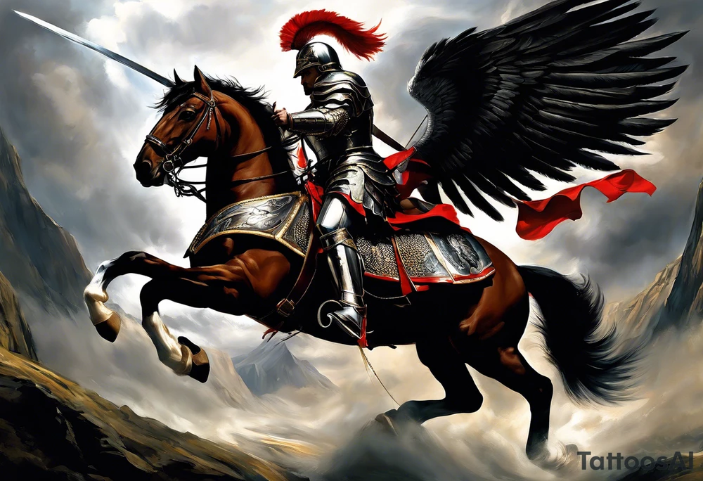 **Main Theme**: A Hussar on horseback in full armor, dynamically portrayed in the middle of a charge. The Hussar's wings are clearly visible, adding dynamics to the composition.
   - Archangel Michael positioned in the background, with a raised sword ready for battle, armed with a shield.
   - The Hussar is holding a banner showcasing the White Eagle.
   - Elements of the Arch tattoo idea