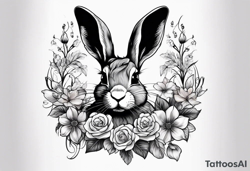 Realistic rabbit head and flowers tattoo idea