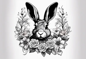 Realistic rabbit head and flowers tattoo idea