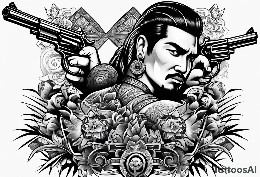gangster, mayan,guns,symbols tattoo idea