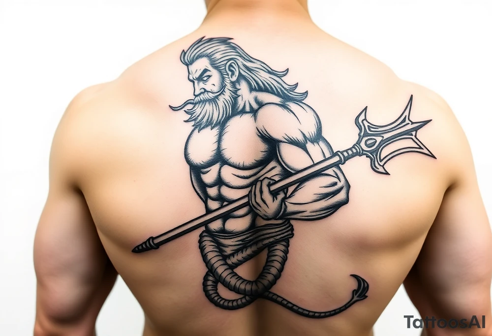 mid aged muscular poseidon with big trident tattoo idea