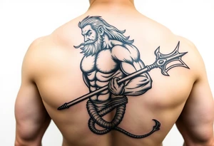 mid aged muscular poseidon with big trident tattoo idea