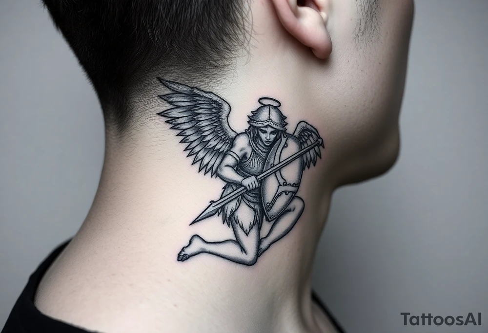 Kneeling warrior angel with a sword and shield tattoo idea