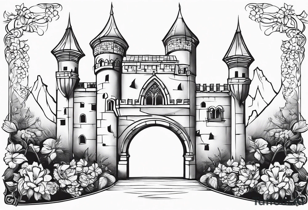 medieval tribal city gate floral land vignette tattoo idea