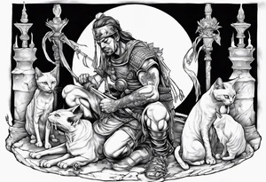 Warrior kneeling down feeding a cat with the world on his shoulders. You can’t be peaceful without being capable of violence tattoo idea