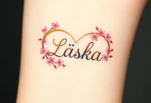 A golden infinity loop with tiny cherry blossoms surrounding the word "Láska", representing beauty, romance, and fleeting yet eternal love tattoo idea