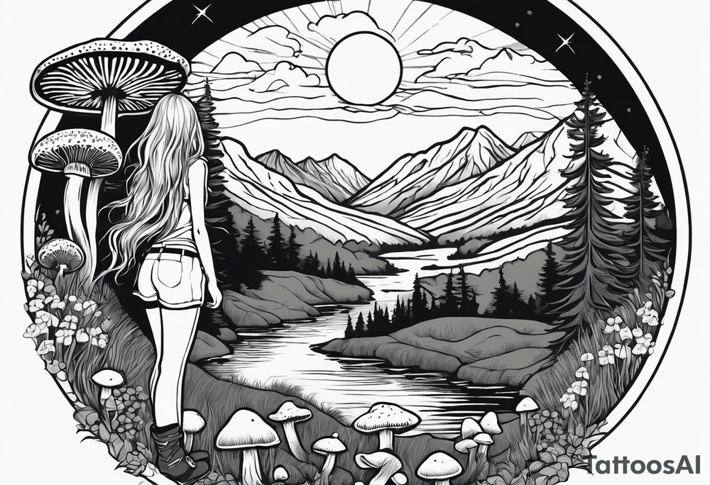 Whole picture encircled fully

Straight long blonde hair hippie girl in distance holding mushrooms in hand facing away toward mountains and creek surrounded by mushrooms long sleeve shirt and hiking pants; whole rendering within a full circle, no cut off circle tattoo idea
