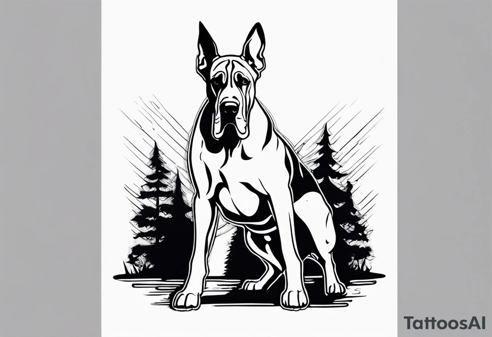 Arm sleeve for man- with floppy ear Great Dane standing fiercely chest up with outdoors fill work around it tattoo idea