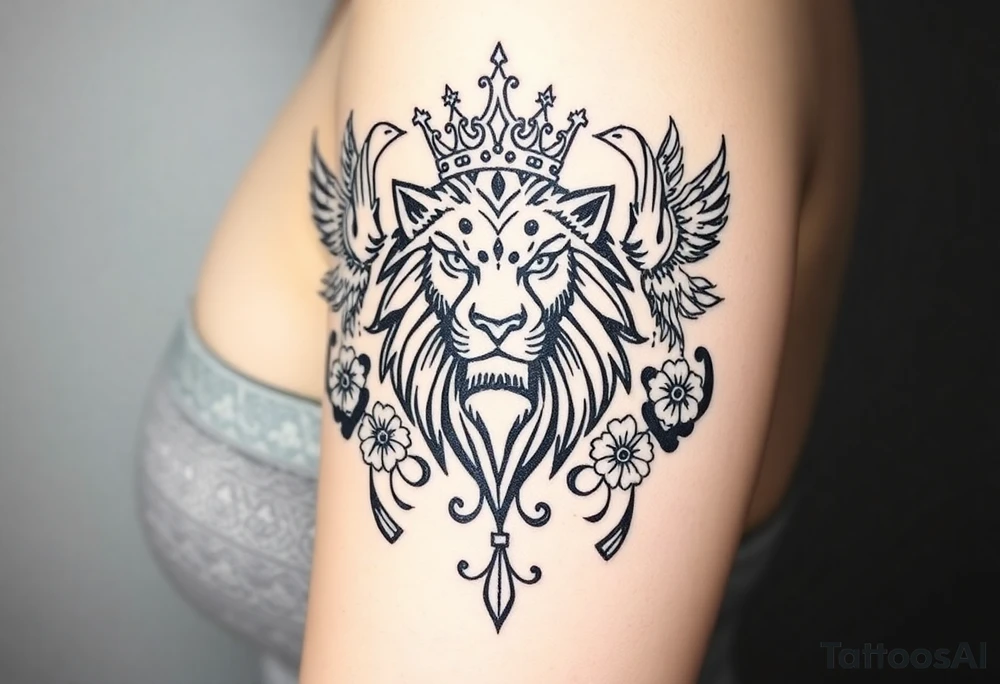 powerful majestic lion with a crown, surrounded by floral ornaments and birds tattoo idea