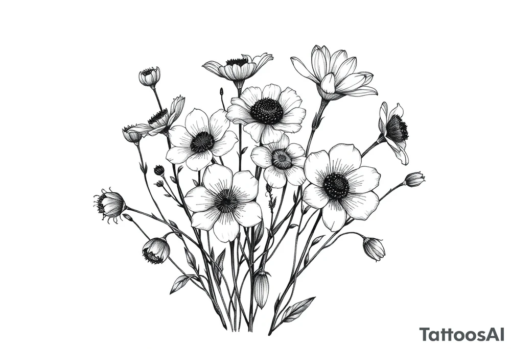A cluster of wildflowers, with solid black shadows at the base and lighter stippling toward the petals. Some flowers in full bloom while some flowers wilting, symbolizing the passage of time. tattoo idea
