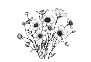 A cluster of wildflowers, with solid black shadows at the base and lighter stippling toward the petals. Some flowers in full bloom while some flowers wilting, symbolizing the passage of time. tattoo idea