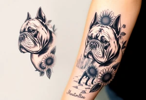 A few muscular thick American bullies
And in the background and as filler incorporate sunflowers, an old road made from pavers the words Mountain State Bullies tattoo idea