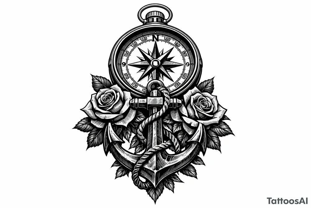a compass under it an anchor and roses. tattoo idea