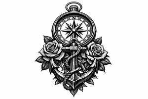 a compass under it an anchor and roses. tattoo idea