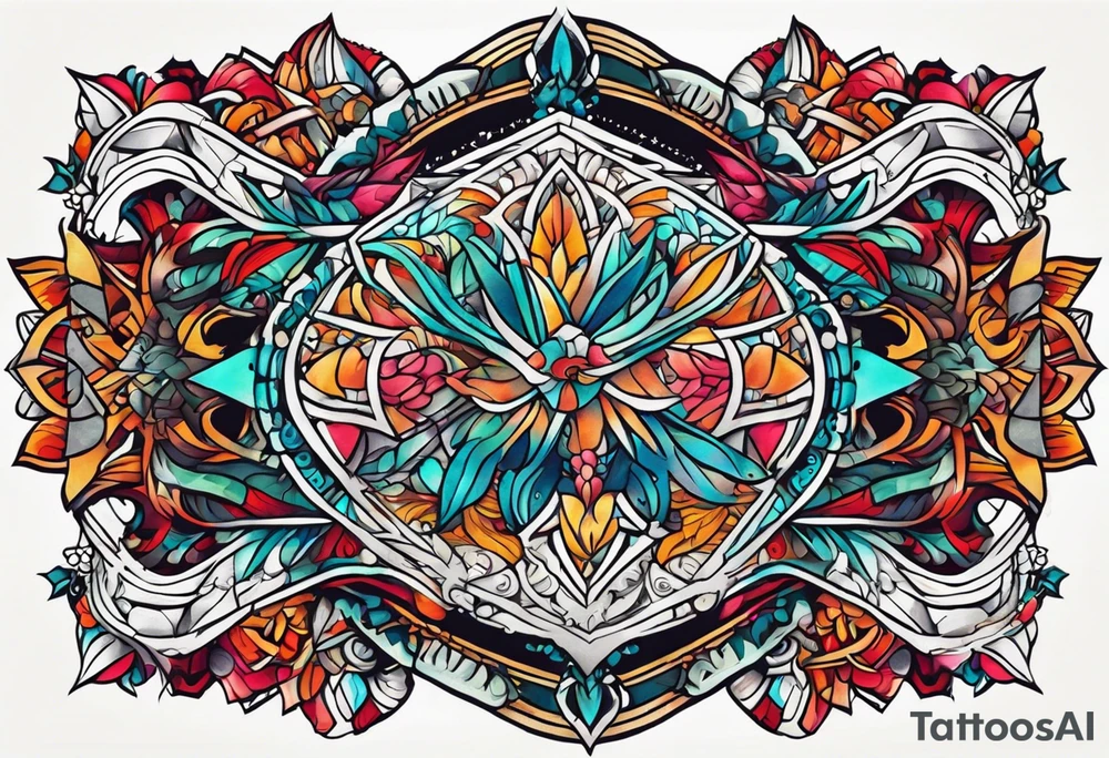 Bold geometric tapestry trident in colour on arm tattoo idea