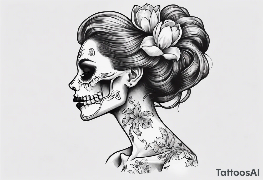 sideview of female skull with long open hair and tulip tuft in mouth and catrina painting, friendly mood tattoo idea