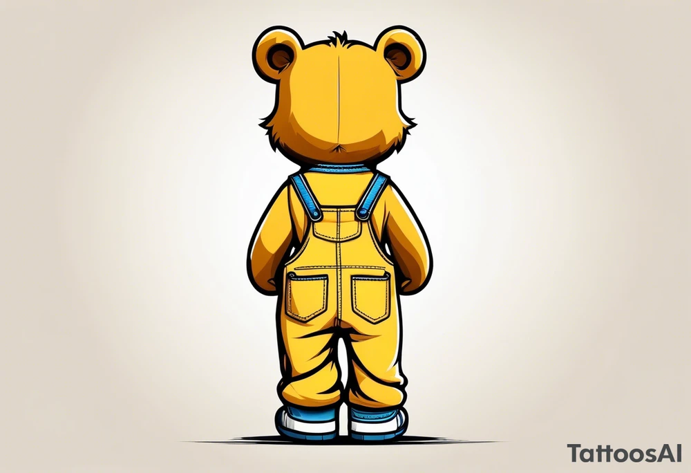 image of the back of a light brown teddy bear standing in yellow overalls, white tank top, striped boots and holding his left arm up tattoo idea