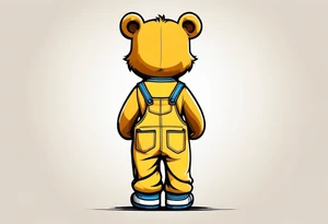 image of the back of a light brown teddy bear standing in yellow overalls, white tank top, striped boots and holding his left arm up tattoo idea