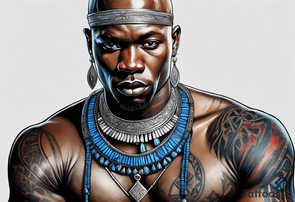 Black-skinned bald african warrior. He wears  a small silver crown. He wears two simple necklaces: one blue, other red. tattoo idea
