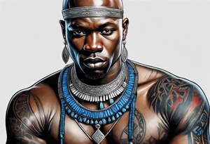 Black-skinned bald african warrior. He wears  a small silver crown. He wears two simple necklaces: one blue, other red. tattoo idea