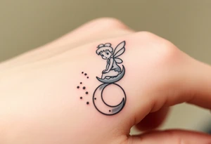 Tinkerbell sitting on a crest moon thrown pixie dust tattoo idea