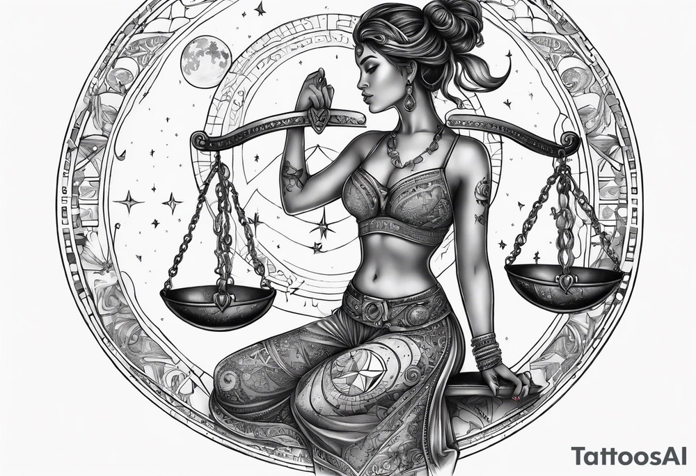 Libra woman holding scales with a night zodiac background including a half moon that encircles half of the woman with vibrant colors tattoo idea