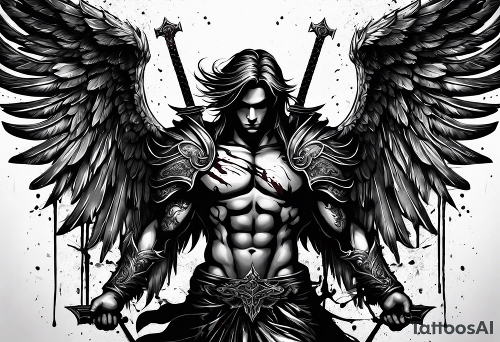 Male Angel with gothic wings and a sword with blood dripping from it. One side of angle represents darkness and the second of the angle represents light tattoo idea