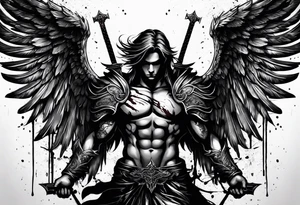 Male Angel with gothic wings and a sword with blood dripping from it. One side of angle represents darkness and the second of the angle represents light tattoo idea