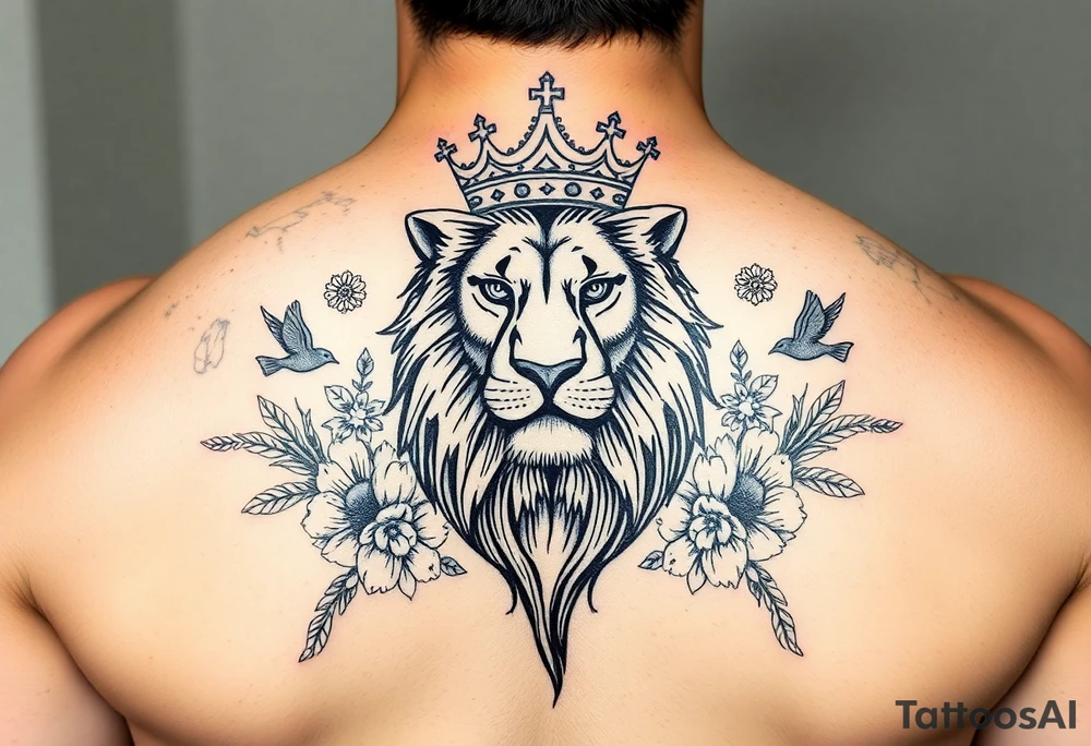 powerful majestic lion with a crown, surrounded by floral ornaments and birds tattoo idea