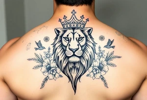 powerful majestic lion with a crown, surrounded by floral ornaments and birds tattoo idea