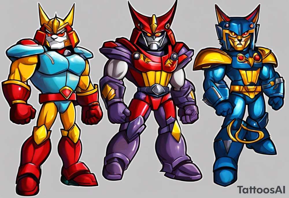 tatuaje en brazo combinando caricaturas dd los años 90, como lo son los halcones galacticos, mazinger z, thunder cats, los caballeros del zodiaco tattoo idea